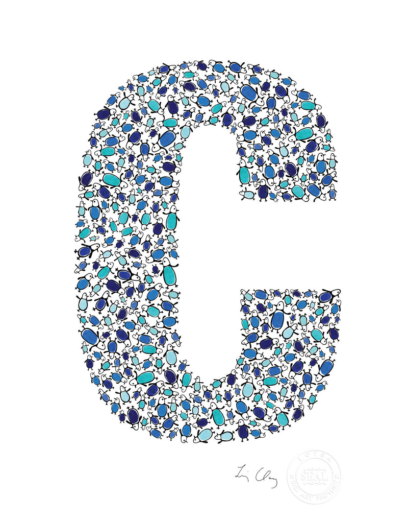 alphabet art for nursery - letter art for kids - blue penguin letter C