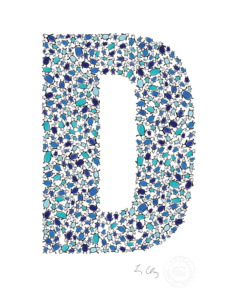 alphabet art for nursery - letter art for kids - blue penguin letter D