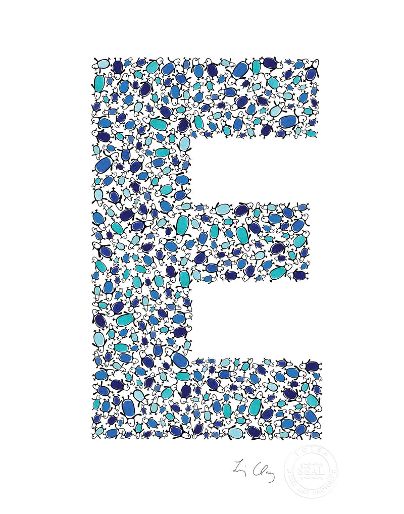 alphabet art for nursery - letter art for kids - blue penguin letter E