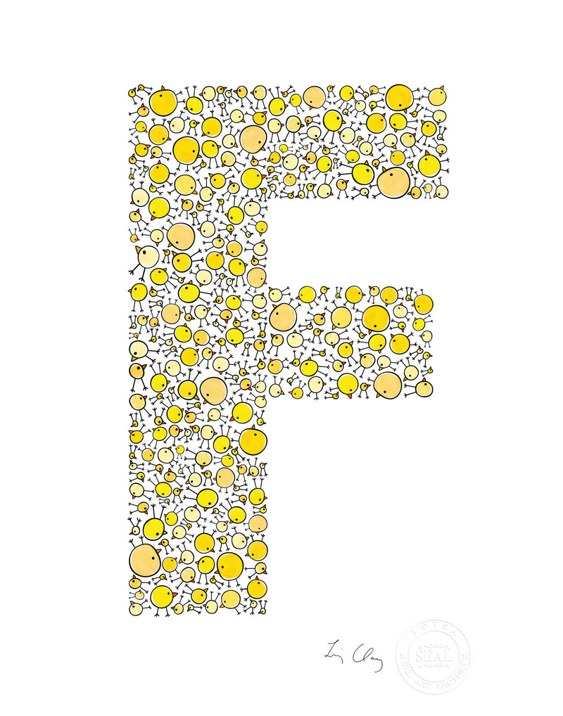 alphabet art for nursery - letter art for kids - yellow chicks letter F