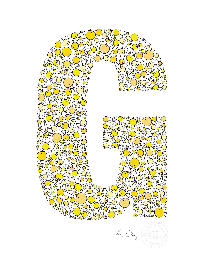 alphabet art for nursery - letter art for kids - yellow chicks letter G