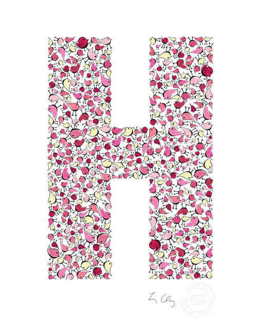 alphabet art for nursery - letter art for kids - pink birds letter H