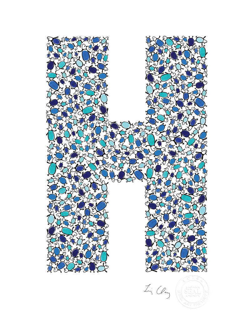 alphabet art for nursery - letter art for kids - blue penguin letter H