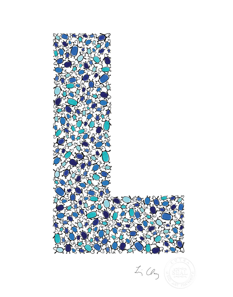 alphabet art for nursery - letter art for kids - blue penguin letter L