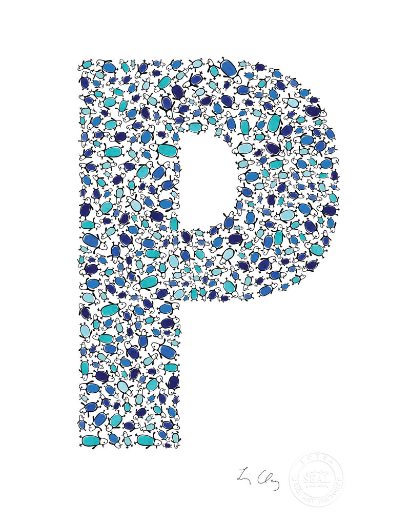 alphabet art for nursery - letter art for kids - blue penguin letter P