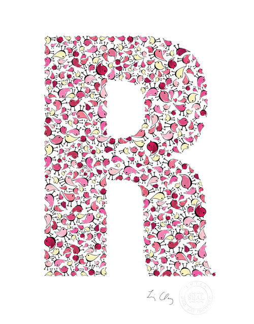 alphabet art for nursery - letter art for kids - pink birds letter R