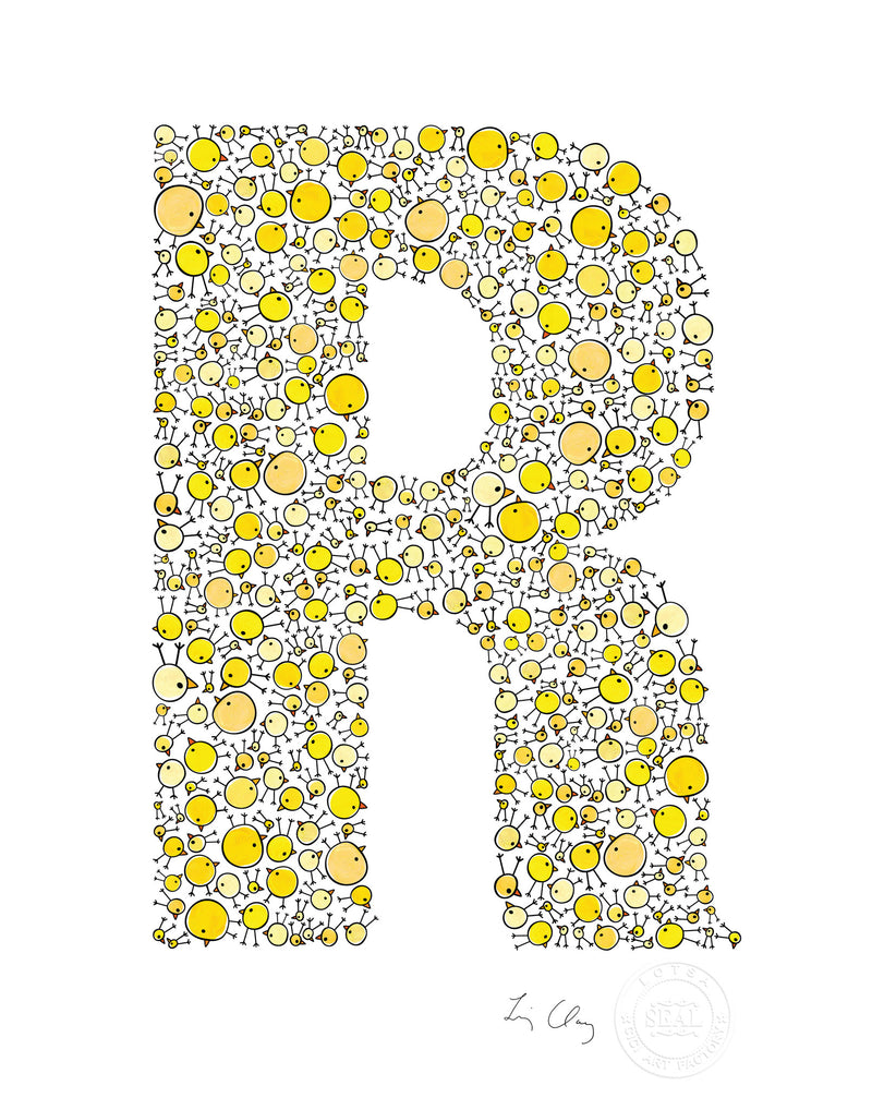 alphabet art for nursery - letter art for kids - yellow chicks letter R