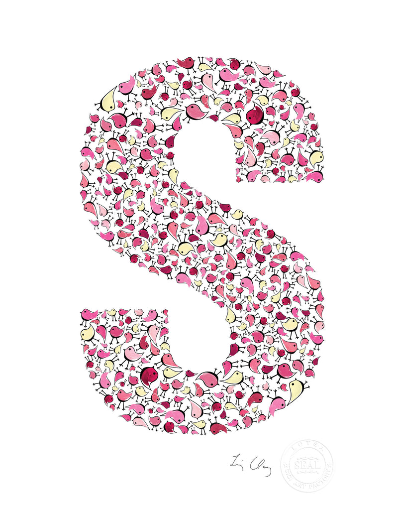 alphabet art for nursery - letter art for kids - pink birds letter S