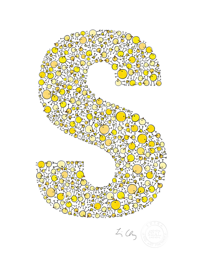 alphabet art for nursery - letter art for kids - yellow chicks letter S