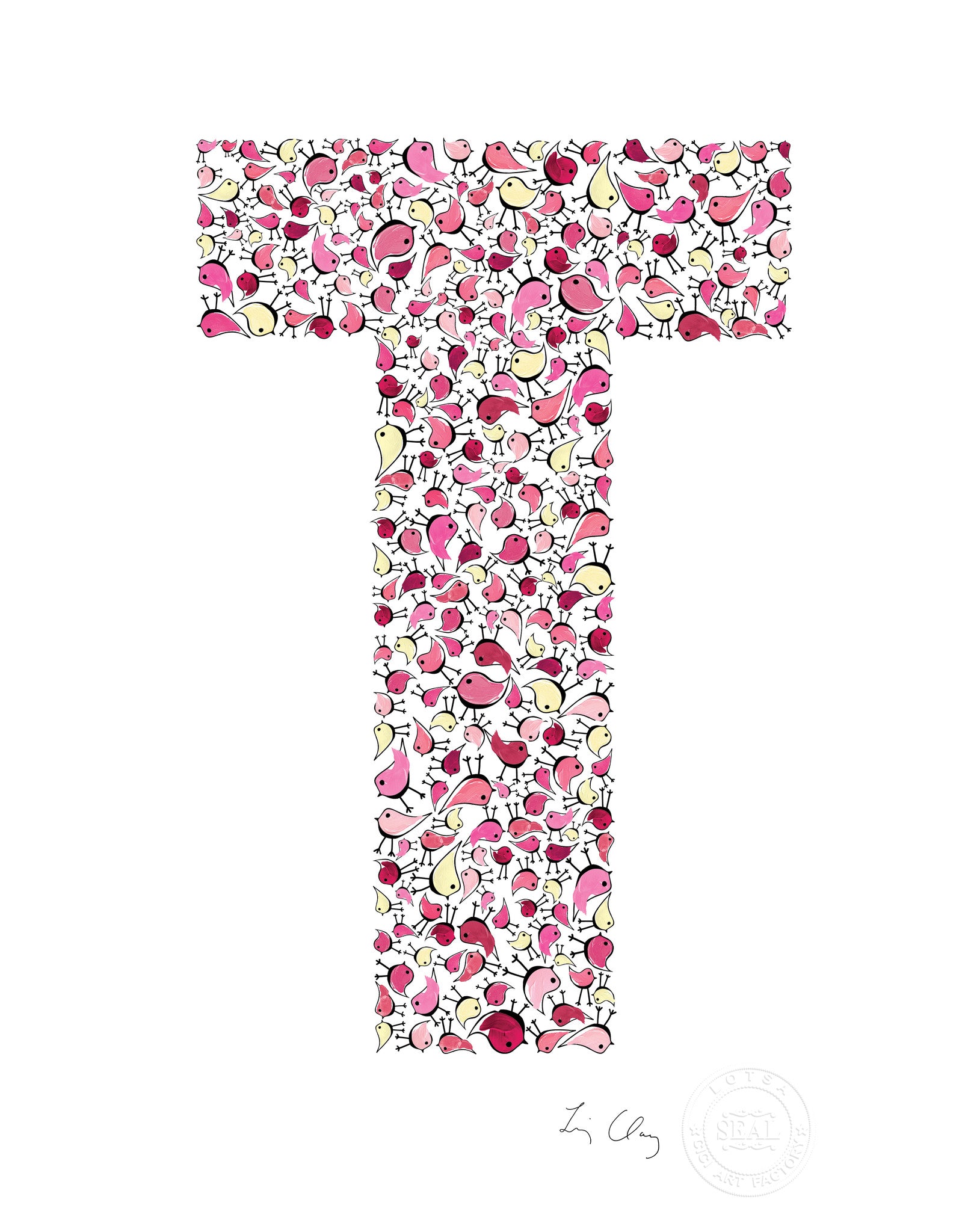 alphabet art for nursery - letter art for kids - pink birds letter T