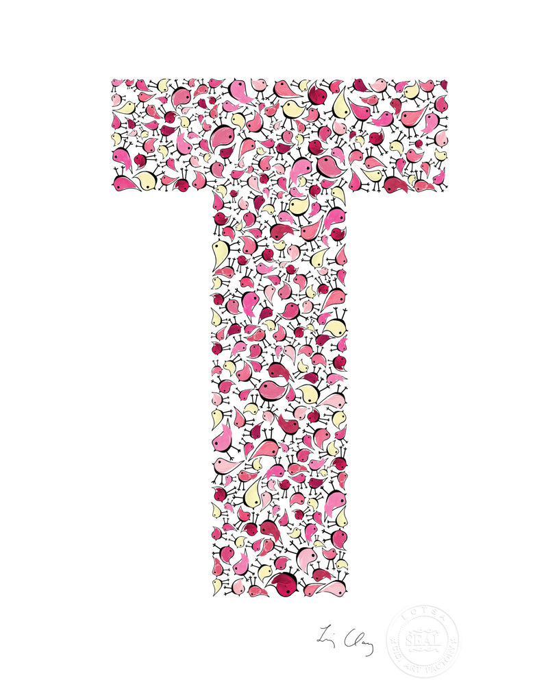 alphabet art for nursery - letter art for kids - pink birds letter T