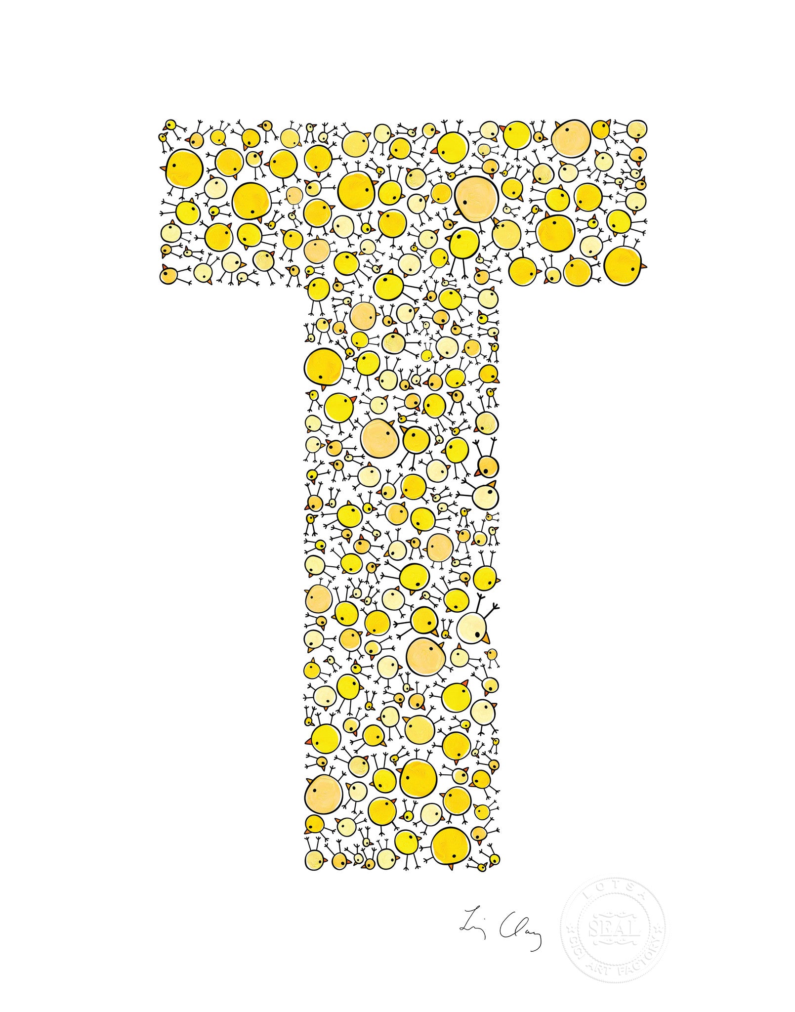 alphabet art for nursery - letter art for kids - yellow chicks letter T