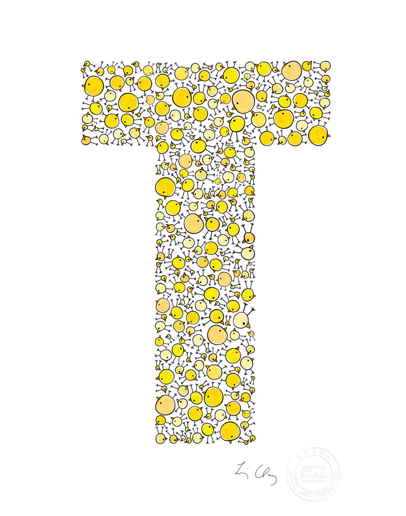 alphabet art for nursery - letter art for kids - yellow chicks letter T