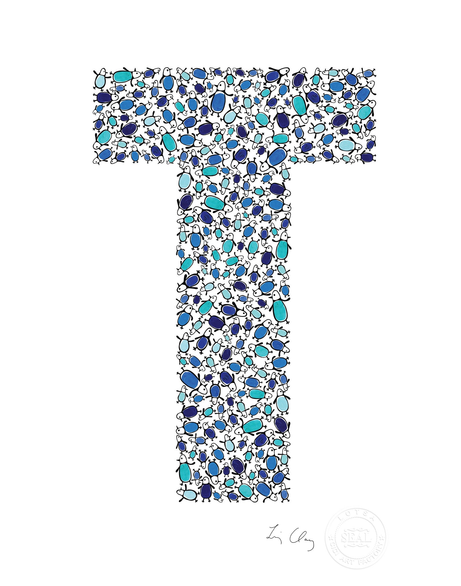 alphabet art for nursery - letter art for kids - blue penguin letter T