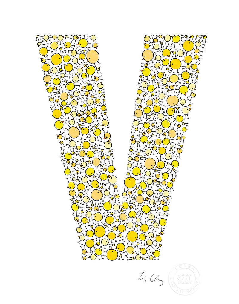 alphabet art for nursery - letter art for kids - yellow chicks letter V