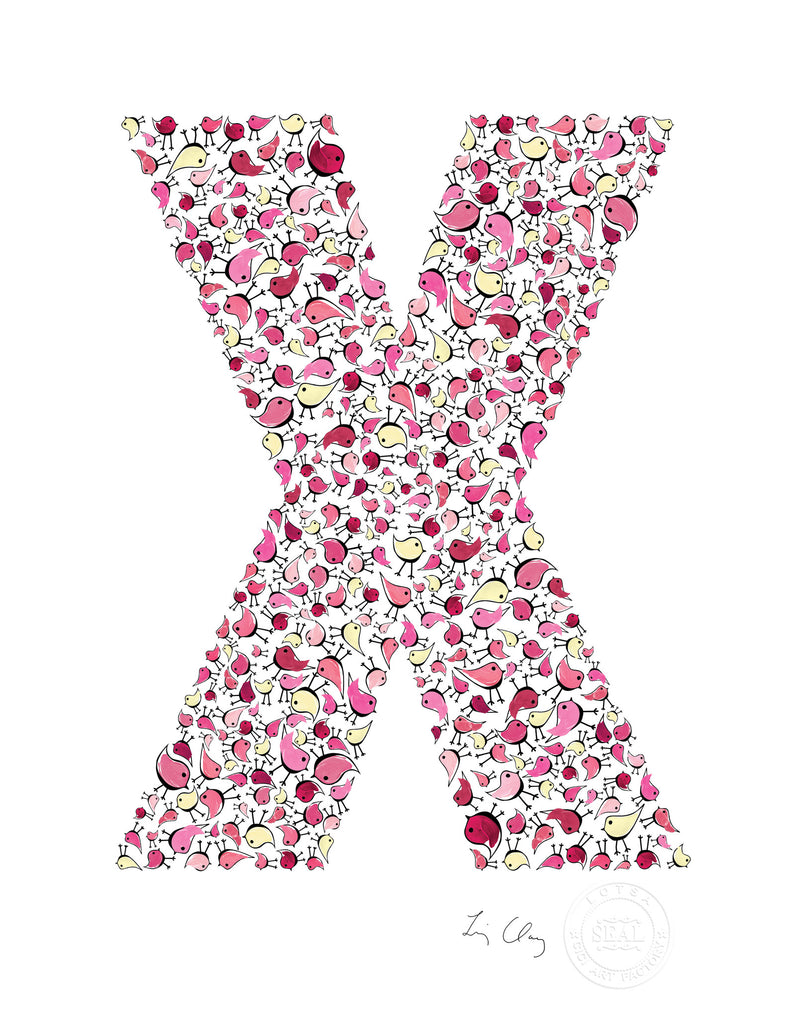 alphabet art for nursery - letter art for kids - pink birds letter X