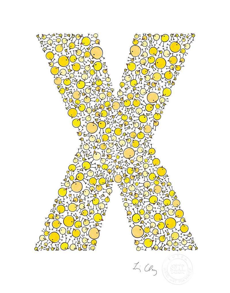 alphabet art for nursery - letter art for kids - yellow chicks letter X