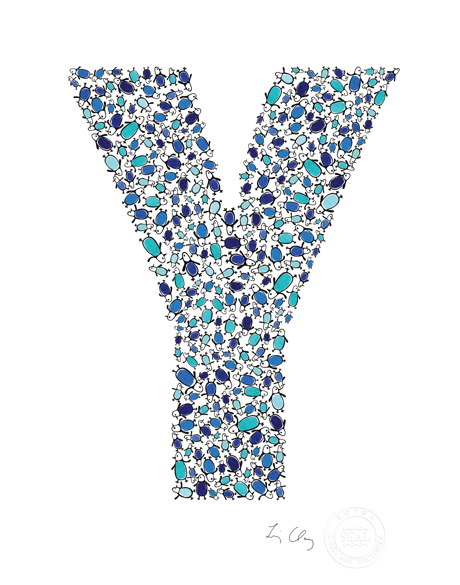 alphabet art for nursery - letter art for kids - blue penguin letter Y