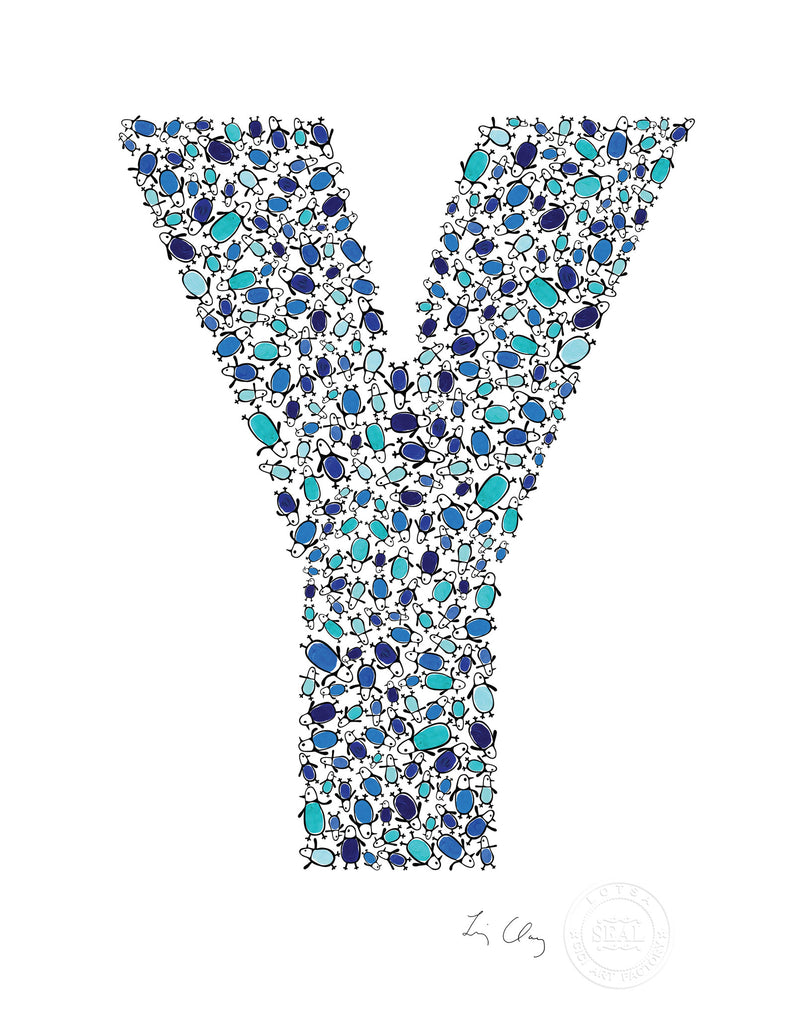 alphabet art for nursery - letter art for kids - blue penguin letter Y