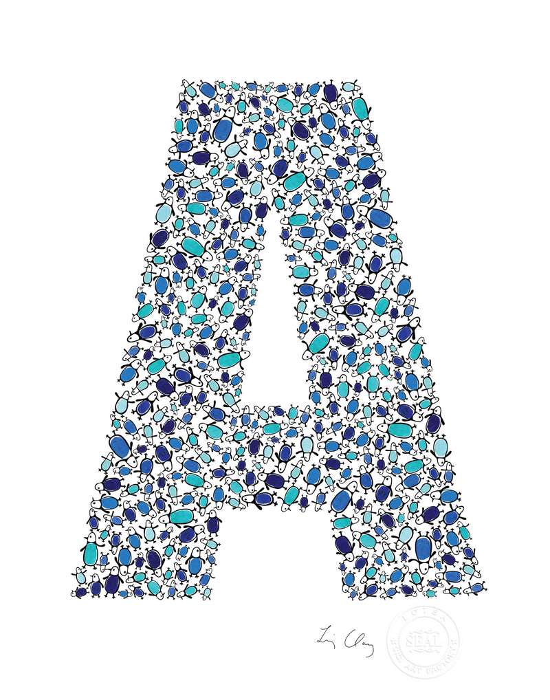 alphabet art for nursery - letter art for kids - blue penguin letter A