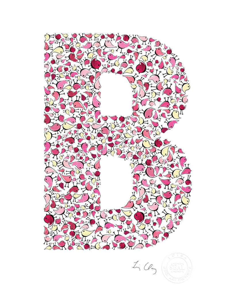 alphabet art for nursery - letter art for kids - pink birds letter  B