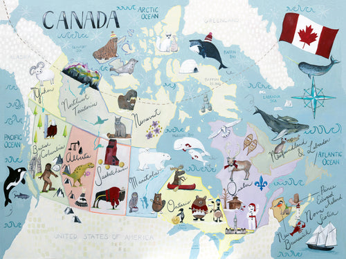 Canada Map for Kids educational canvas by Vancouver Artist Liz  Clay.  Large scale canvas wall map for kids bedrooms, playrooms and cabin decor.  