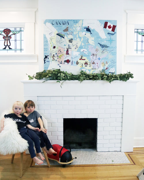 Canada Map for Kids educational canvas by Vancouver Artist Liz Clay. Large scale canvas wall map for kids bedrooms, playrooms and cabin decor.